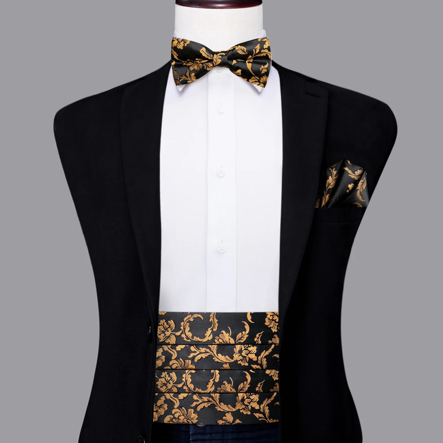 

Hi-Tie Luxury Designer Black Gold Floral Cummerbund Bow tie Set Formal Tuxedo Corset Elastic Belt for Men Wedding Cummerbunds