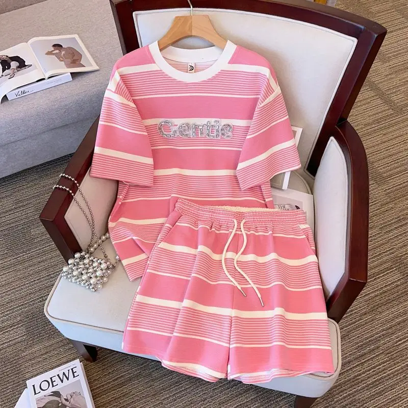 Summer Women's Loose Diamond Inlaid Tracksuits Fashion Stripe Round Neck Short Sleeved And Shorts Sets For Women 2 Pieces