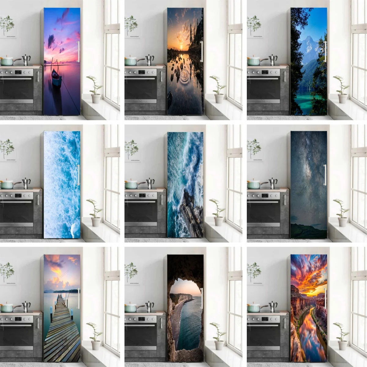 Natural Sunset Ocean Printed Refrigerator Door Sticker Decor Waterproof Plain Wallpaper Wave Fridge Cabinet Door Wrapping Decals