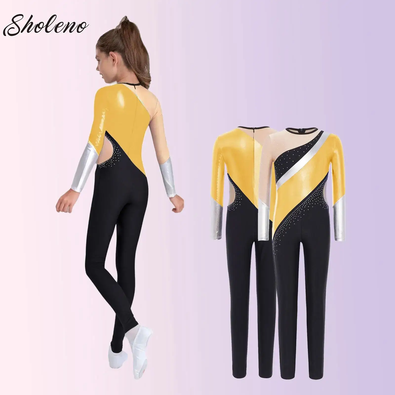 

Boys Metallic Rhinestones Figure Ice Skating Jumpsuit Unitard Long Sleeve Color Block Ballet Dance Gymnastics Leotard Bodysuit
