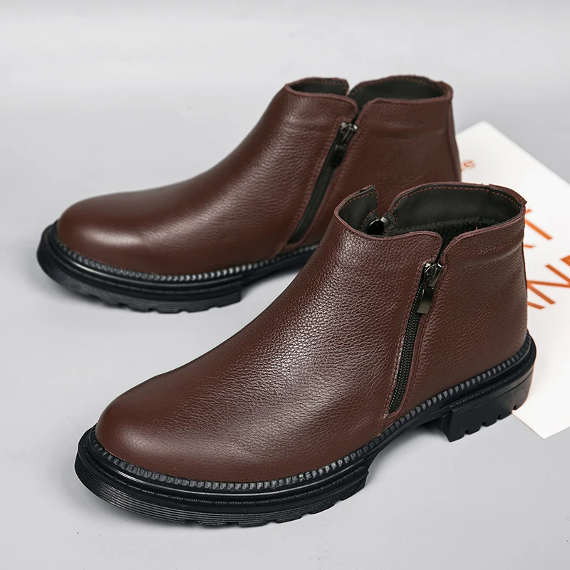 

High Quality Black Lychee Patterned Men Chelsea Boots Double Zippers Retro Height Increasing Warm Daily Commuting Short Boots