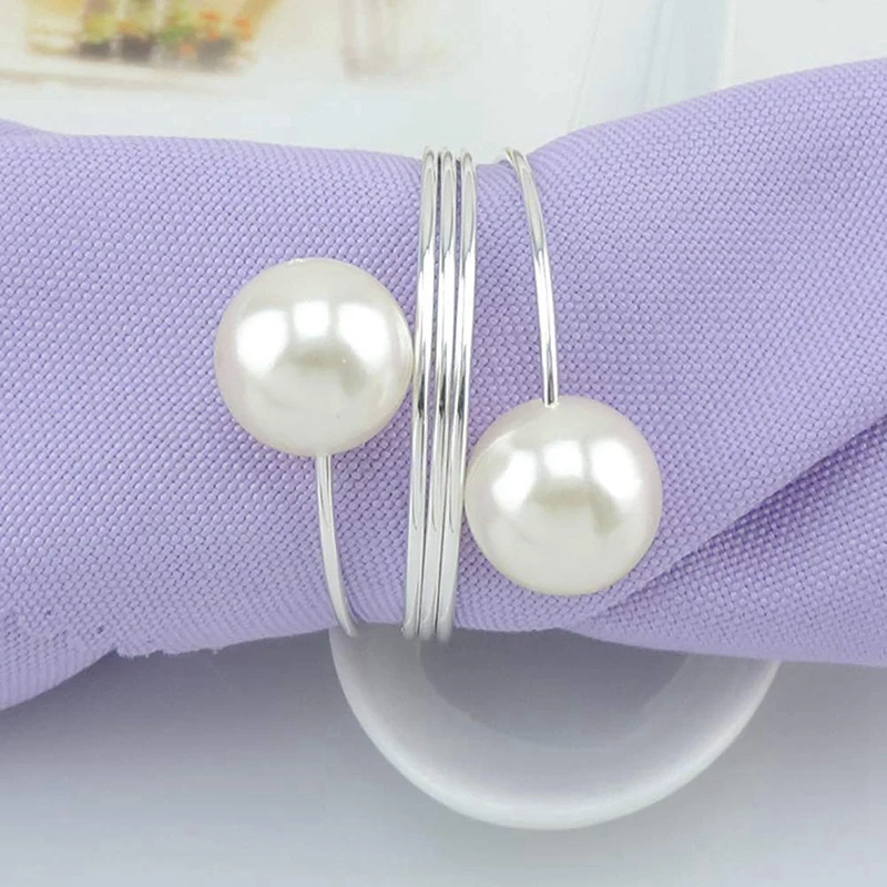 48 Pcs Pearl Napkin Buckle Hoop Napkin Rings Circle Serviette Holder For Wedding Hotel Supplies Table Decoration,Silver