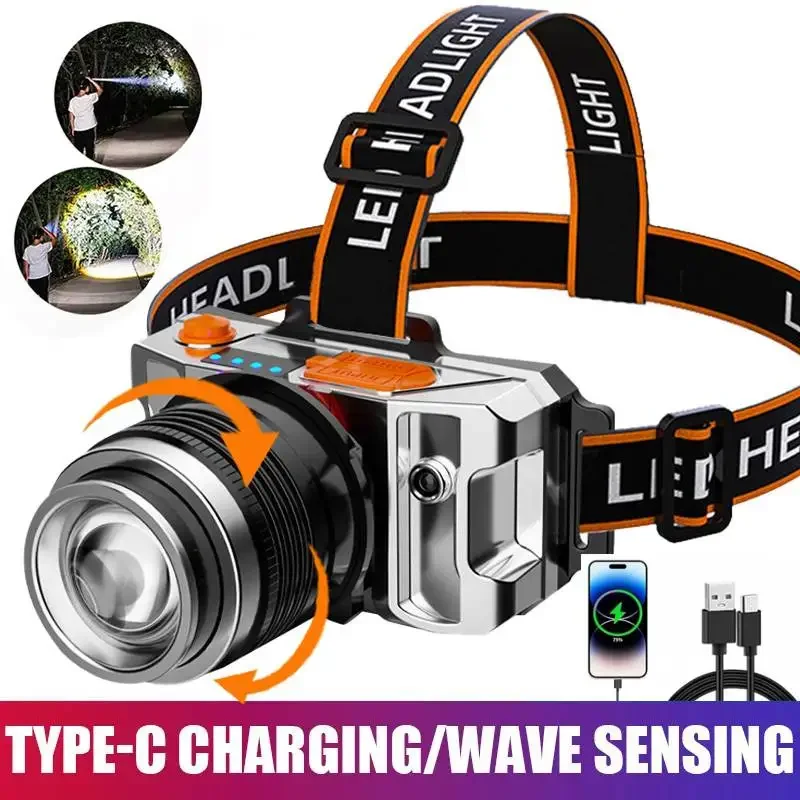 Powerful LED Induction Headlamp 4 Lighting Modes Type-C Charge Head Flashlight Outdoor Waterproof Camping Fishing Headlight