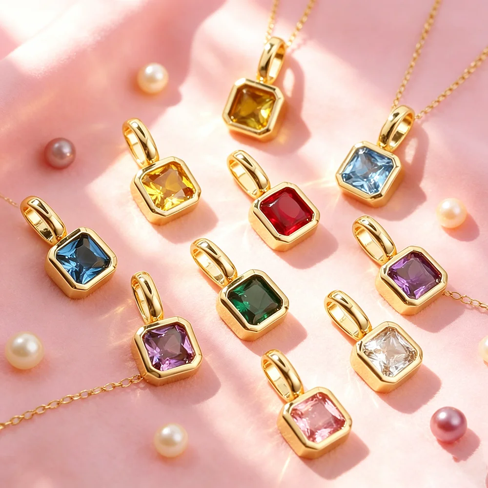 Dainty Square Cushion Zircon Birthstone Charms Gemstone Pendants for Personalized Birthday Month DIY Jewelry Making Supplies