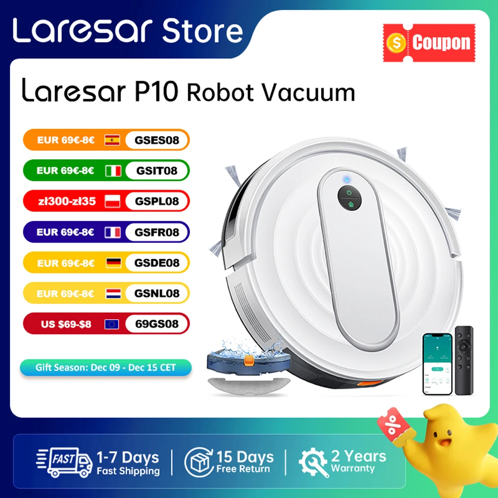 Laresar P10 Robot Vacuum Cleaner Mop 4500Pa Cordless APP Control Smart Gyroscope Planned Map Home Floor Washing Carpet Cleaning