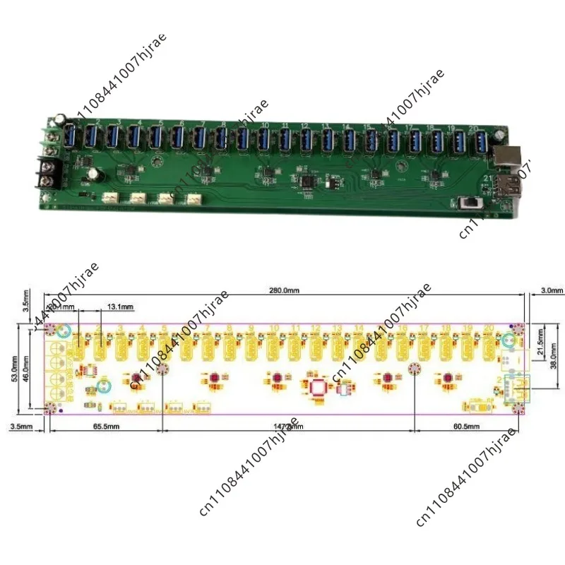 21 ports (20 + 1 port spare) USB hub PCBA board