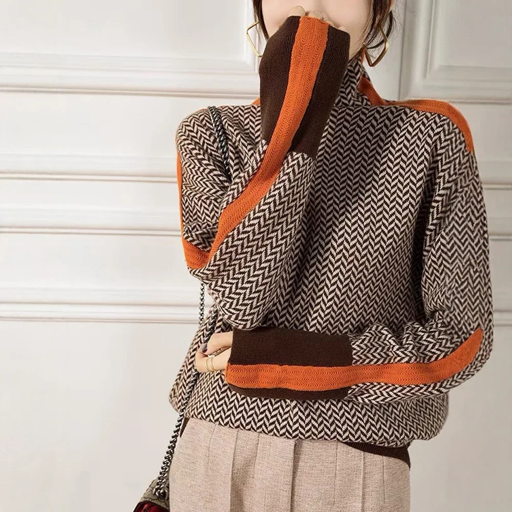 سترة ميا موسى النسائية المرقعة 2025 مريحة وأنيقة بنمط houndstooth وكتلة ألوان متباينة وأكمام طويلة بلوفر فضفاض بياقة مدورة