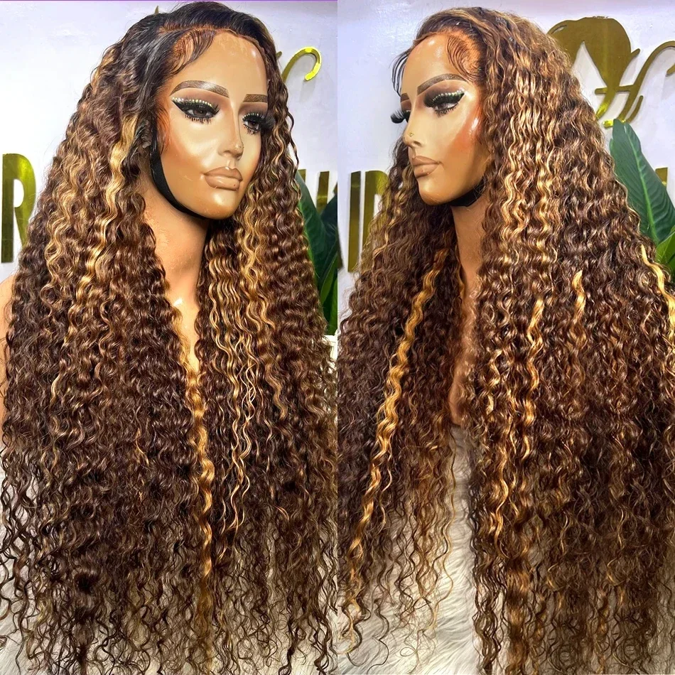 Silkwave 30 Cali Peruki z Ludzkich Włosów z Koronką z Przodu, Kręcone, w Kolorze Miodowego Brązu z Pasemkami, 13x6 13x4 Ombre, Kolorowe, Głębokie Fale, Peruka typu Lace Frontal