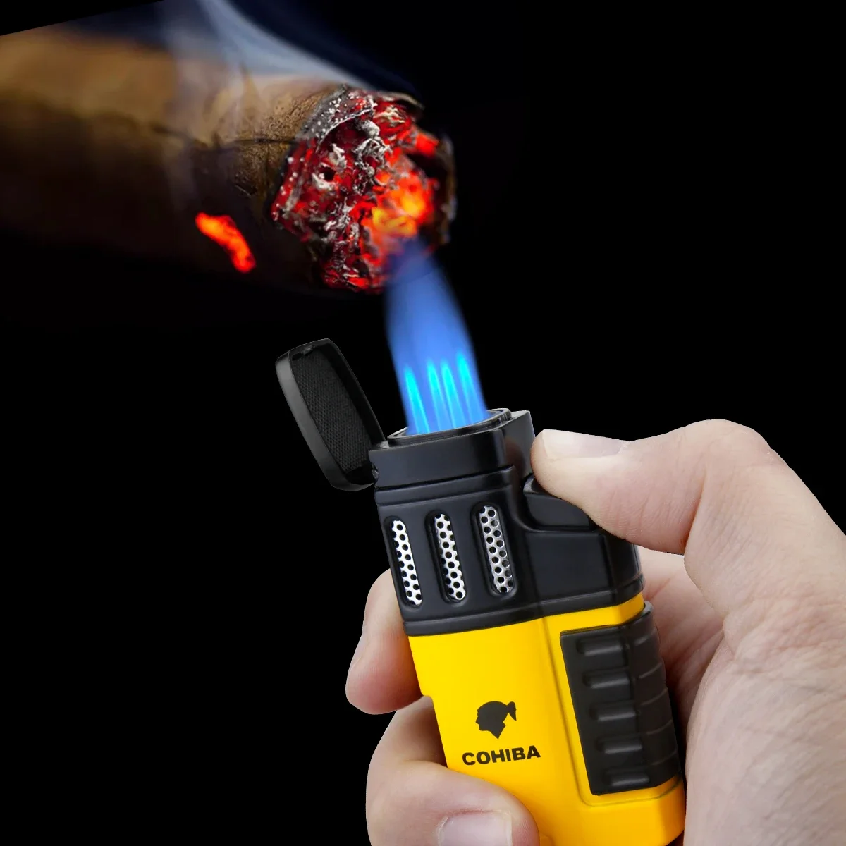 COHIBA Cigar 4 Torch Lighter Windproof Spray Flame Inflatable Visible Window Smoking Accessories Portable Gas Lighter Men's Gift