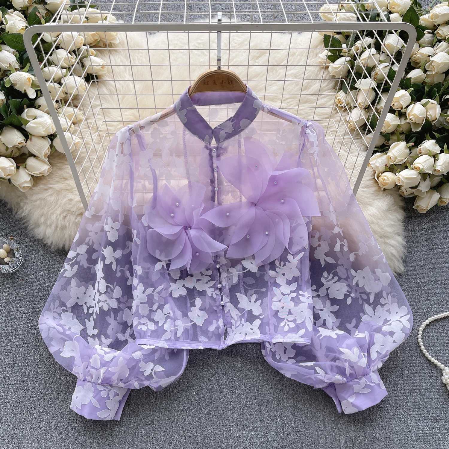 Chic Elegant Mesh Three-dimensional Floral  Puff Long Sleeve Loose Top Vintage Korean Fairy Crop Top Autumn Women Clothing