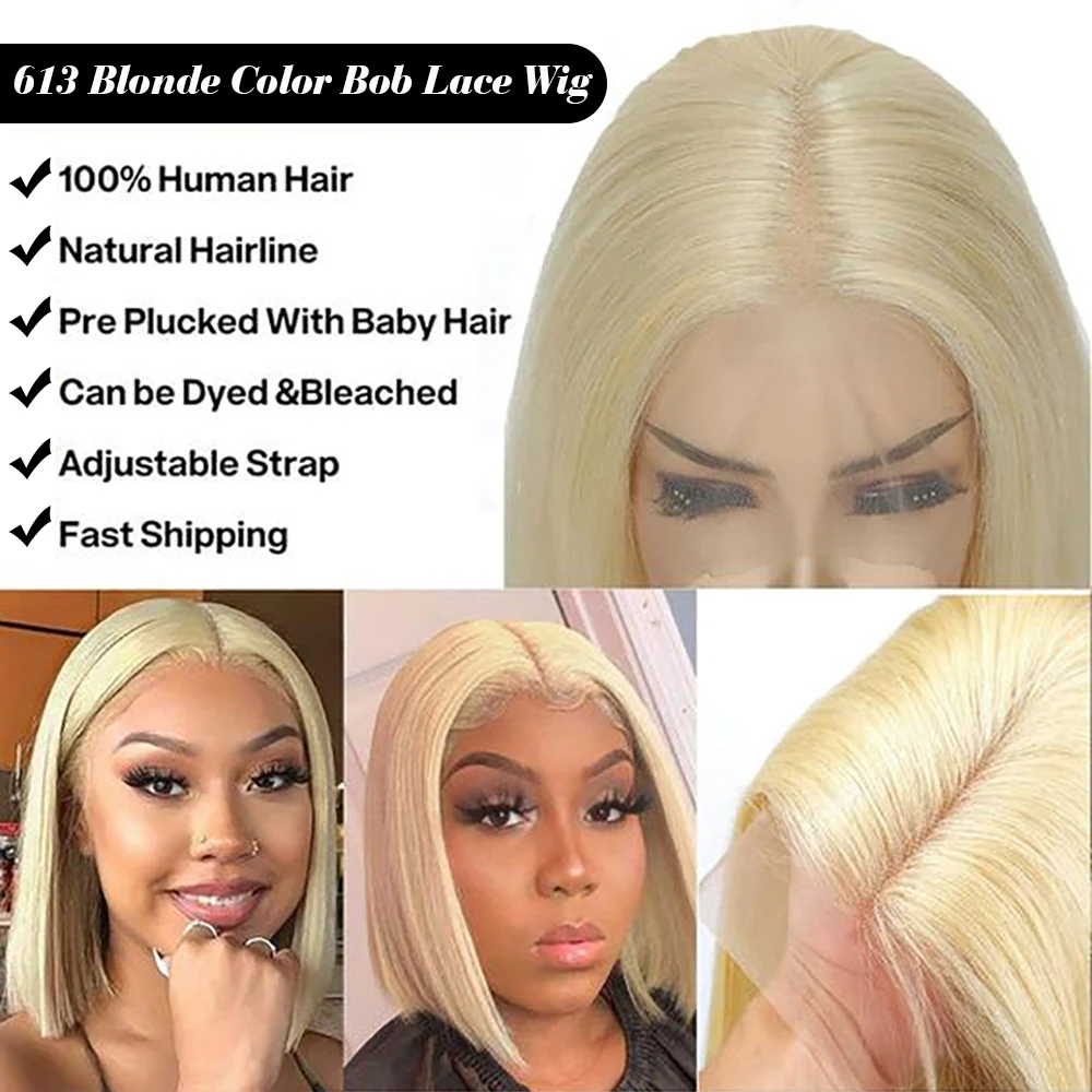 613 Blonde Bob Wig Human Hair 13x4 Blonde Bob Lace Front Wigs Human Hair Pre Plucked 180%Density Straight Lace Frontal Short BoB