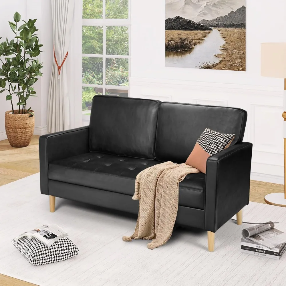 57'' Mid-Century Loveseat Faux Leather Sofa Couch with Armrest for Two People Modern 2 Seat Sofa for Living Room (2Seater,Black)