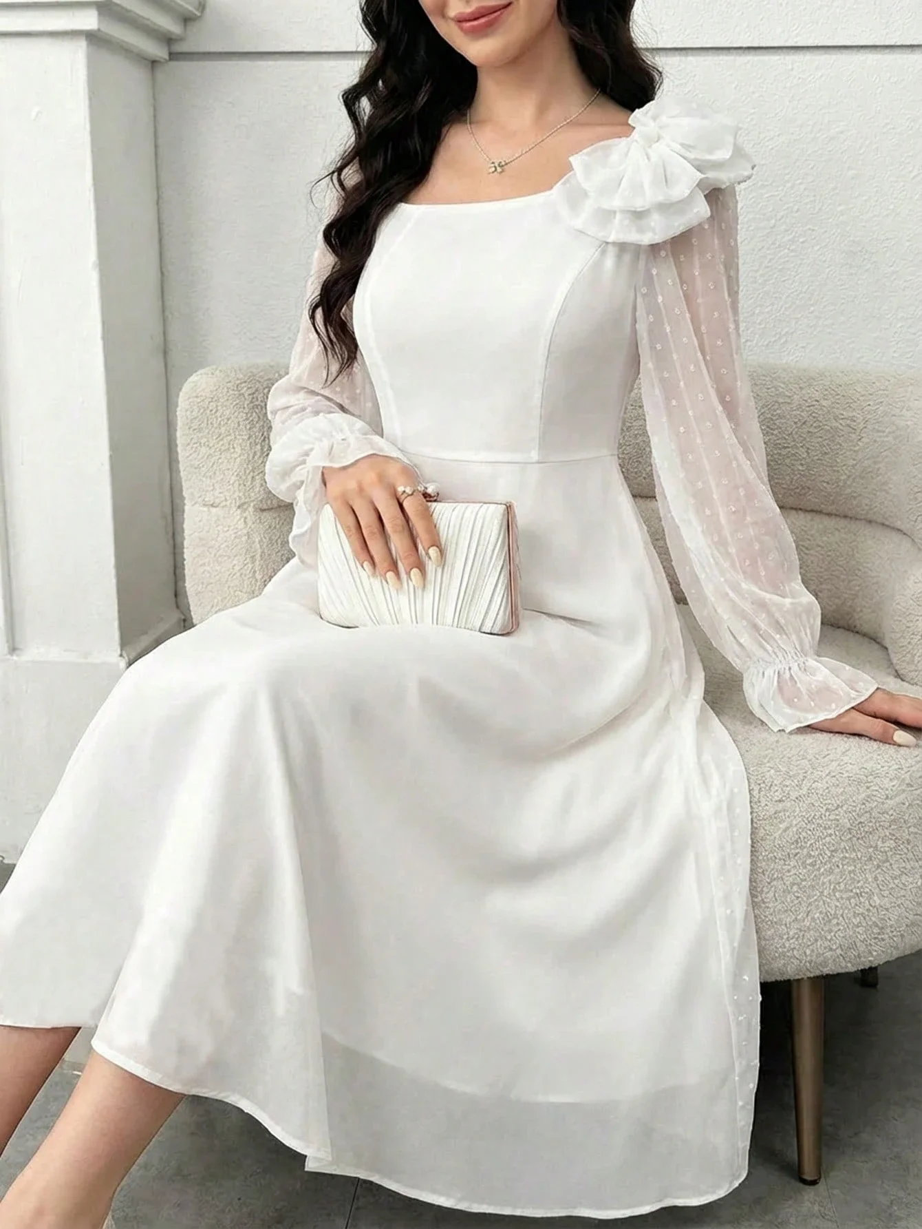 

Elegant White Puff Sleeve Ruffle Shoulder Long Sleeve A-Line Midi Dress