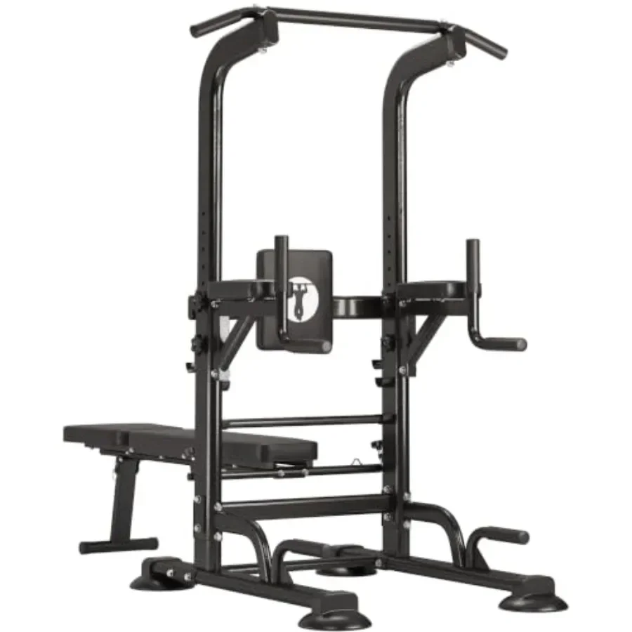 Power Tower Pull Up Bar Station with Folding Dumbbell Bench for home gym use, steel construction, black finish, space-saving fo