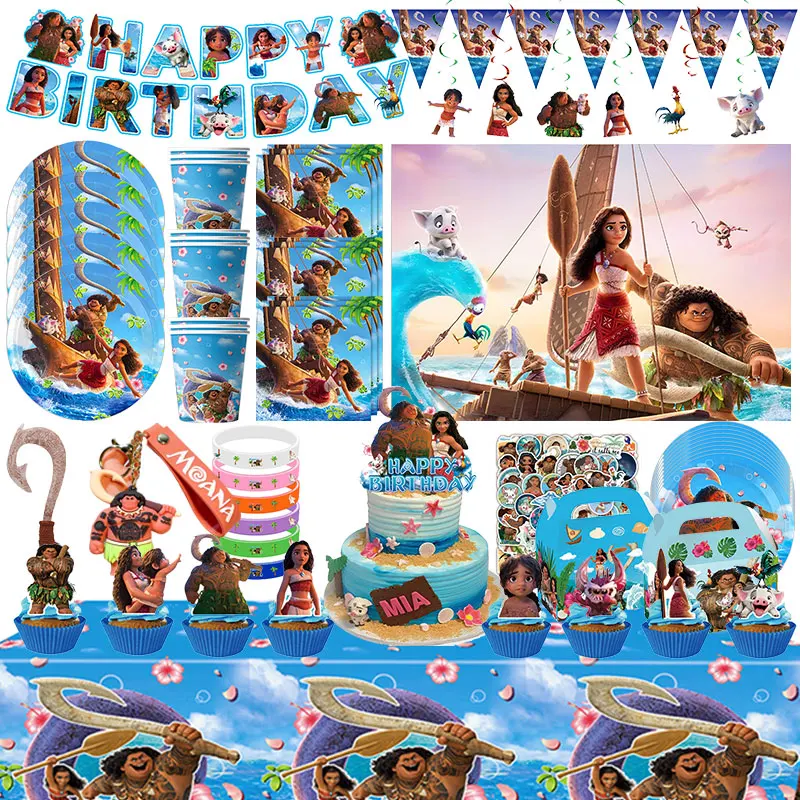 Disney Moana Theme Party Supplies Vaiana Oceania Plates Banner Cake Topper Keychain Kid Birthday Party Decor Balloon Girls Favor