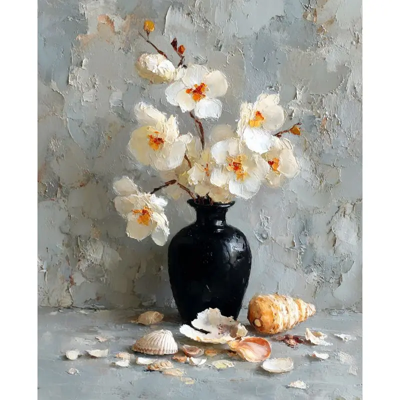 

PhotoCustom Diy Paint By Numbers Kit White Flower Black Vase Hand Painted Kits Handpainted Crafts On Canvas Home Furnishing Deco