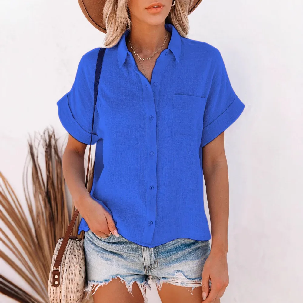 Camisa de lino de manga corta para mujer, blusa informal con cuello abotonado de verano para traje de vacaciones en la playa