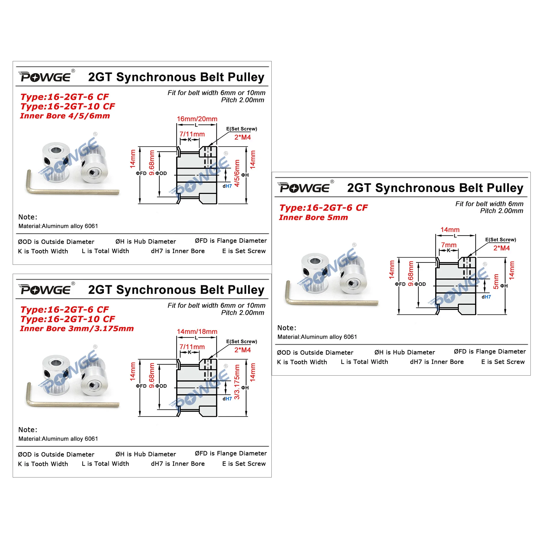 POWGE GT 16 teeth 2MGT 2GT Timing Pulley Bore 3/4/5/6mm for GT2 Open Synchronous belt width 6mm/10mm small backlash 16Teeth 16T