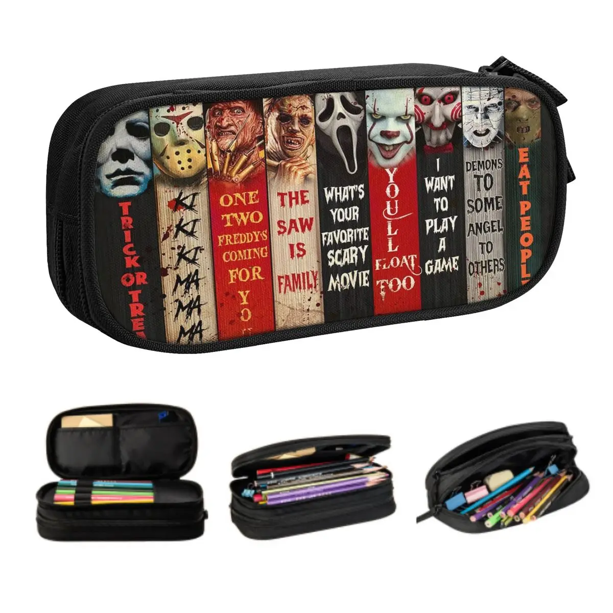 Custom Cute Halloween Horror Movie Character Pencil Cases for Boys Gilrs Large Capacity Pen Box Bag Stationery