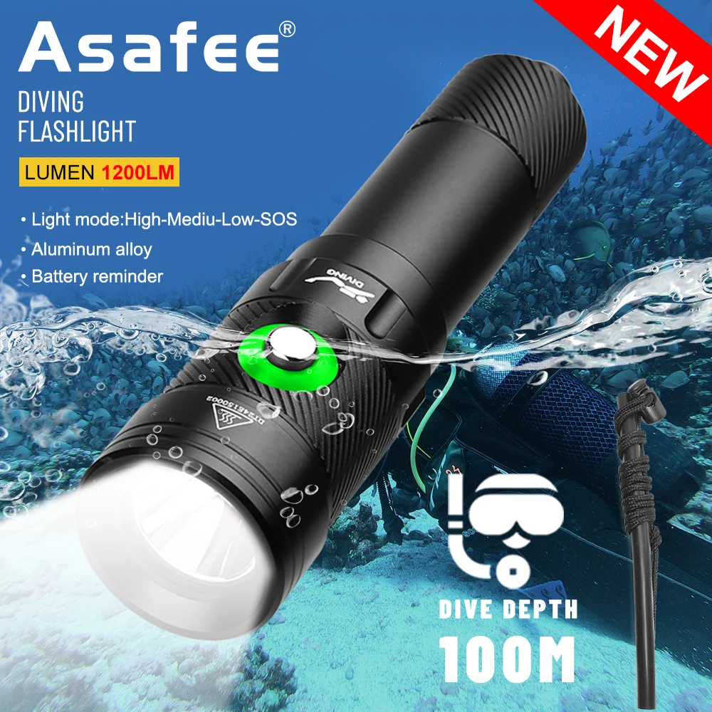 Asafee DT18 LED Professional Diving Light 100M Depth Scuba Dive Flashlight Use 18650 Battery Lamp Portable Ultra Powerful Torch