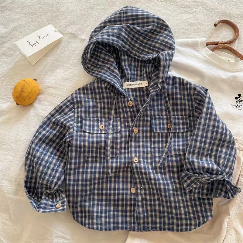 

Korean Children Shirts Girls and Boys Hooded Shirts Kids Cotton Plaid Tops Spring and Autumn Long-Sleeved Casual Coat 2-8 Y