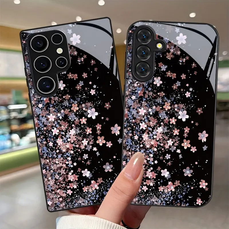 Pink patterned glass phone case suitable for Samsung Galaxy S26 S25 S24 S23 S22 S20 FE/Ultra/Plus anti drop back cover