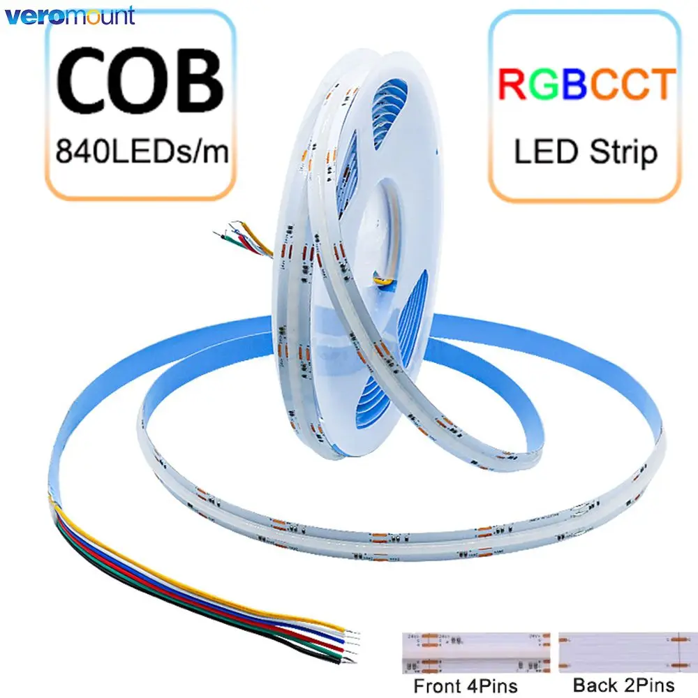 

5m RGBCCT COB LED Strip Light 24V 840LEDs/m 5 in 1 RGB+White+Warm White FOB Tape Lamp High Density Flexible Backlight Decoration