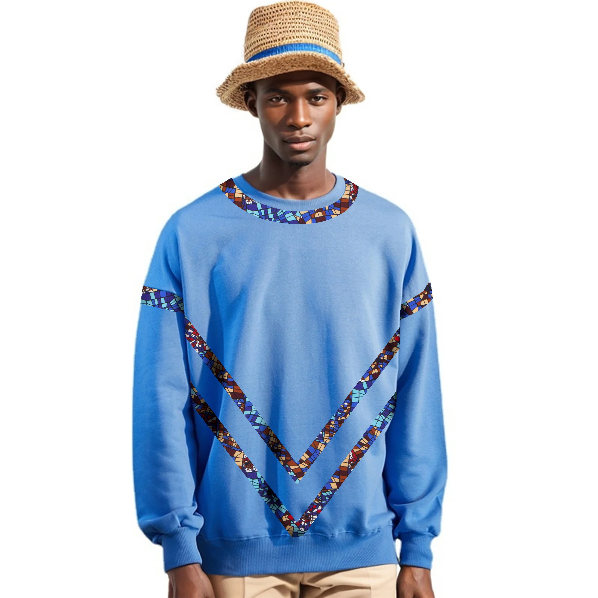 Casual Loose-Fit Long Sleeve Sweatshirt with African Print Geometric Pattern，Hoodless Crewneck Pullover  WYN2391