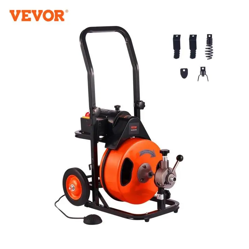 VEVOR Drain Cleaning Machine Sewer Auger Auto Feed with 4 Cutter & Air-activated Foot Switch for 1