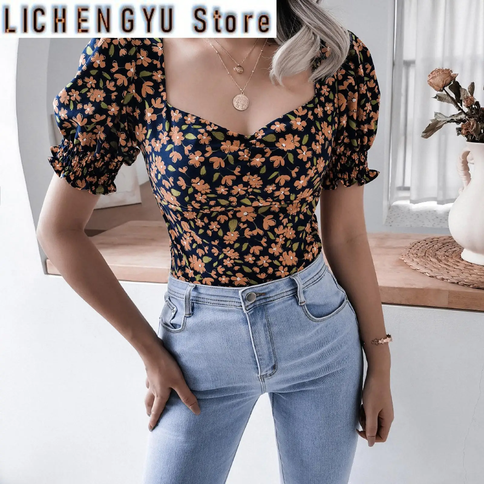 

Floral Summer Blouses For Women Plus Size Leisure Lantern Sleeve Square Neck Sexy Chiffon Top Elegant Youth Woman Blouses