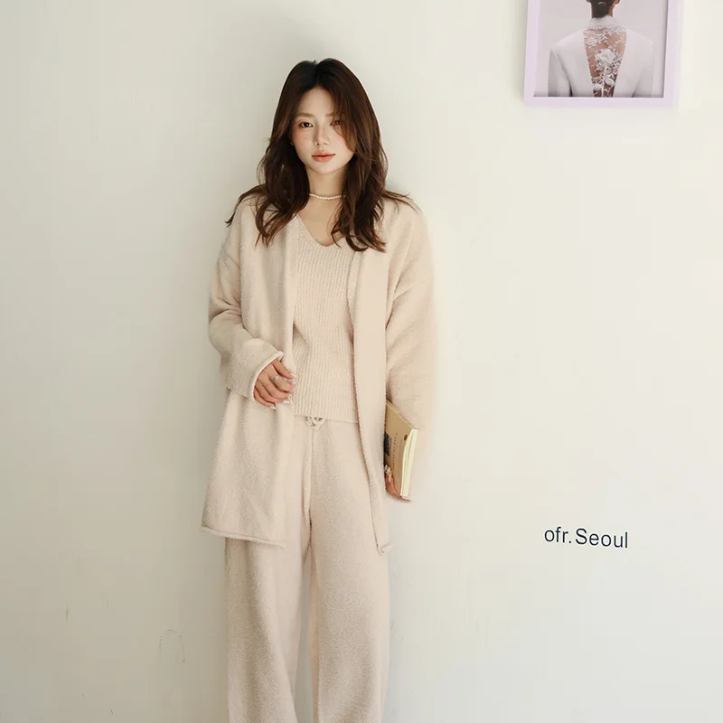 Women's Autumn Winter Thick Warm Knitted Sleepwear Set Pure Color Simple Elegance Home Clothes Outfit for Casual Wear