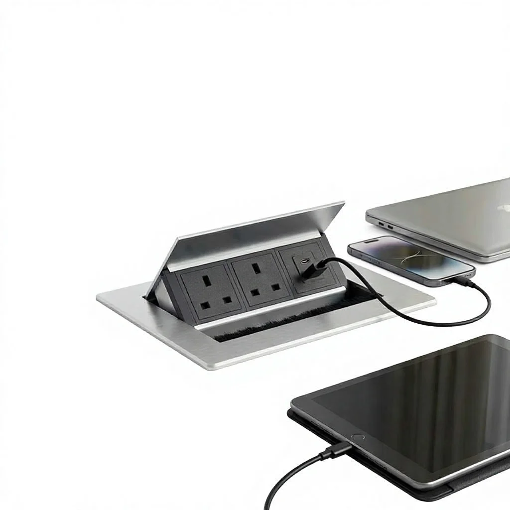 Recessed Flip-Top Brushed Desk Socket EU/US/UK Power Flush-Mount Desktop Hidden Outlet USB-C Port 1.5m Cable Desk Socket