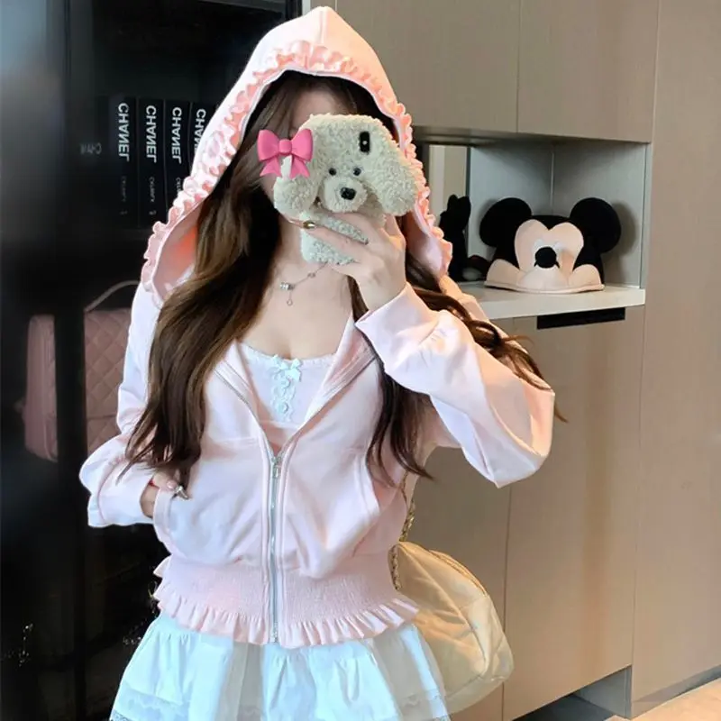 Y2K Pink Zip Hoodies Woman Long Sleeve Tops Ruffles Spring Autumn Sweatshirts Korean Fashion Hooded Jacket Sweet Short Coat Lady