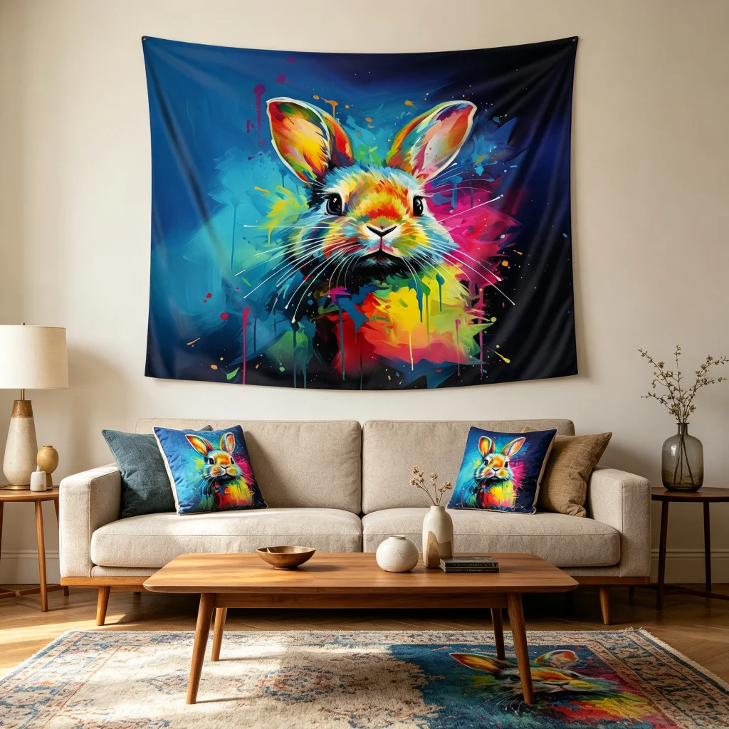 1PC Colorful Rabbit Oil Art Print Backdrop Banner, Bedroom Living Room Photo Background, Polyester, Home Decor, Wall Art