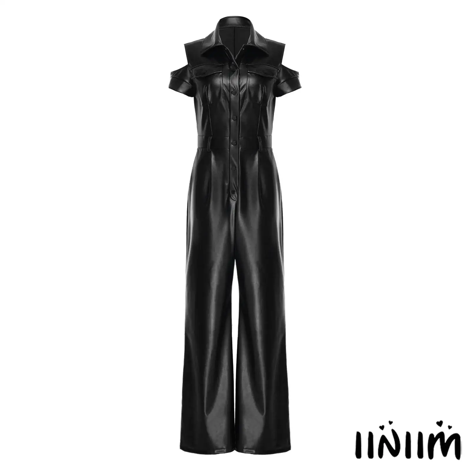 

Womens PU Leather Cargo Romper Cutout Cold Shoulder Front Button Side Pockets Wide Straight Leg Jumpsuit Club Party Streetwear
