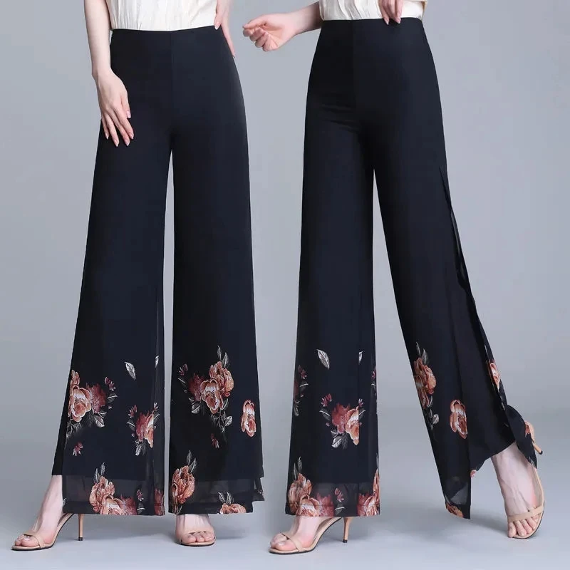 Pantaloni a gamba larga in Chiffon stampato a doppio strato per l'estate delle donne nuovi pantaloni a vita alta larghi da ballo pantaloni con gonna cadente