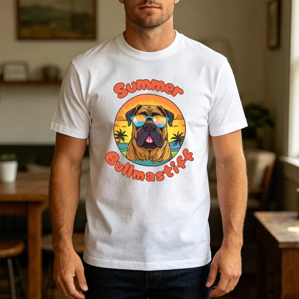 Summer Bullmastiff Sunglasses Sunset Men T Shirt Summer Beach Vacation Tee Dog Portrait Palm Tree Scene T Shirt Tops