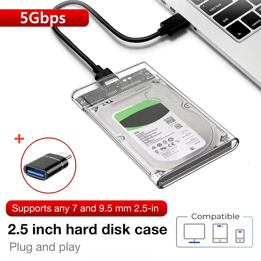 USB 3.0/Type C HDD Enclosure 2.5 inch SATA SSD External Hard Drive Case with 5Gbps Transfer Speed Clear Harddisk Boxs Tool-Free