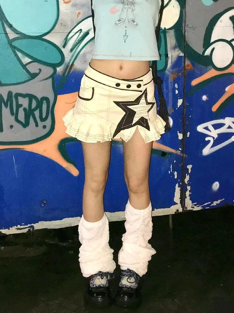 

Low Waist A-Line Skirt with Patchwork Design And Slit for Summer Women's Denim Pleated Skirt Street Style Casual Wear