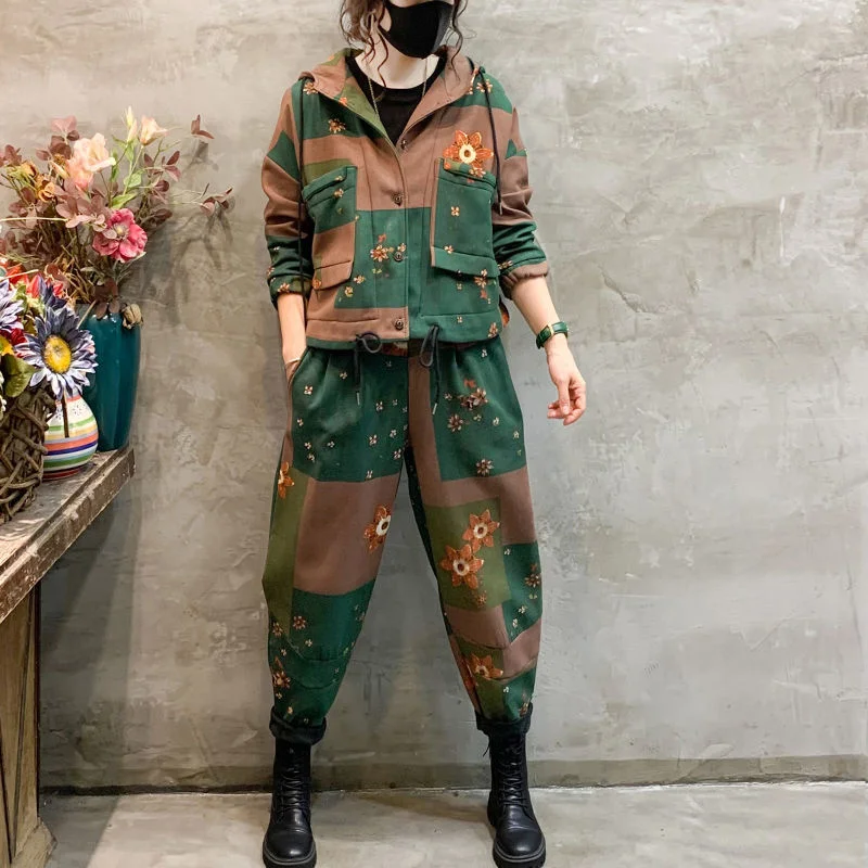 Spring Autumn Women Harlan Pants Two Piece Set Loose Casual Hooded Coat female Korean Age Reducing Foreign Style Cotton Hemp Set