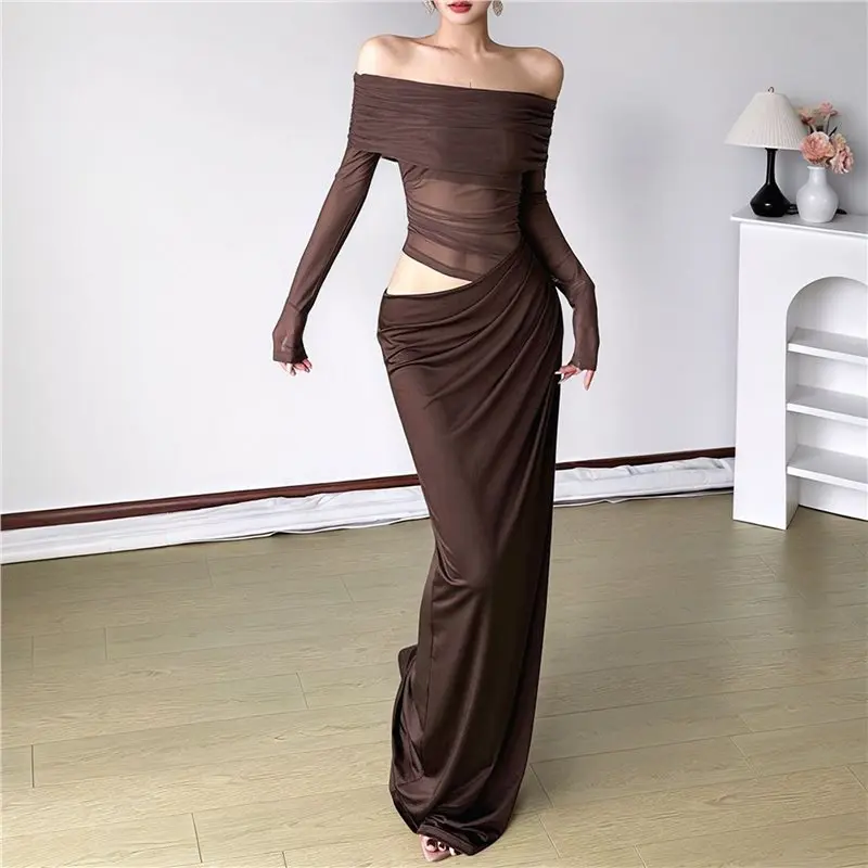 CYL-Damen-Mesh-Schulterfreies Kleid, elegantes, durchsichtiges, langärmliges, figurbetontes Maxikleid mit Rüschen