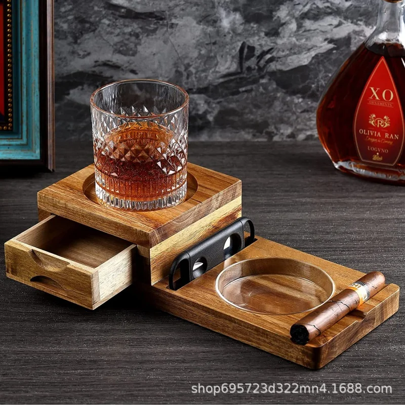 Cigar Ashtray Liquor Glasses Set Tray Household Desk Solid Wood Ashtray Decoration Portable Acacia Mangium