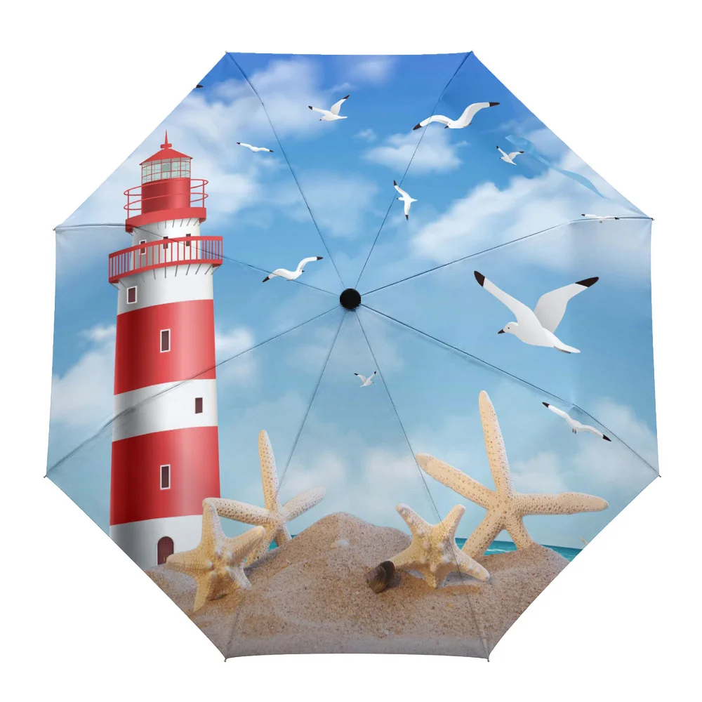 Sea Beach Lighthouse Starfish Seagull Creative Umbrella Rain Women Automatic Three Folding Umbrellas Windproof Parasol Parapluie