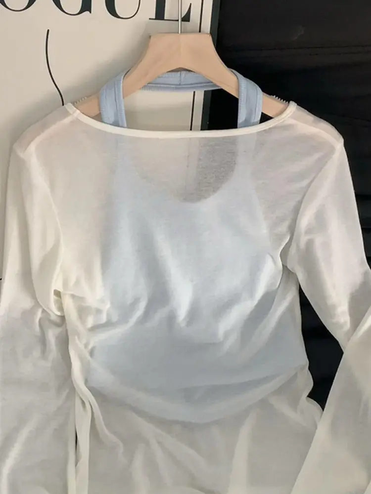 الرغبة النقية مثير الأبيض V-Ne طويل Sve أعلى + ter Ne صديرية دائرية المرأة قطعتين مجموعة رقيقة Sunade التستر تي شيرت