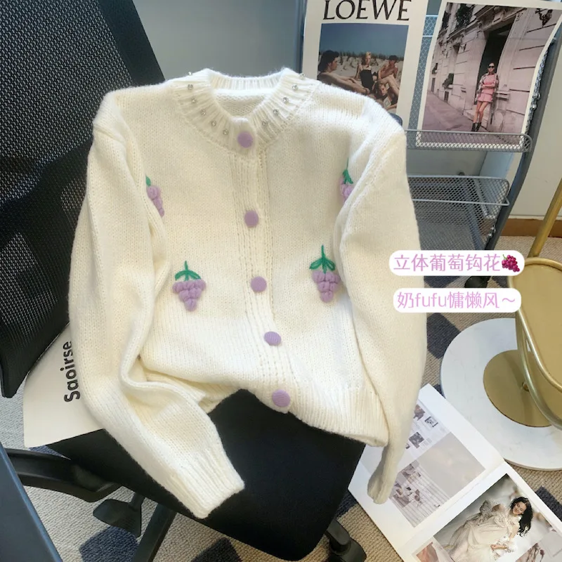 Sweet round neck knitted cardigan for women new lazy style three-dimensional grape embroidery short sweater ladies loose top