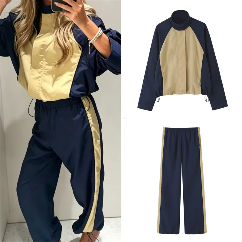 Guobioziy Women's Set 2026 Early Fall New Arrival Casual Patchwork Tech Fabric Long-Sleeve Jacket with Side Stripe Nylon Pants