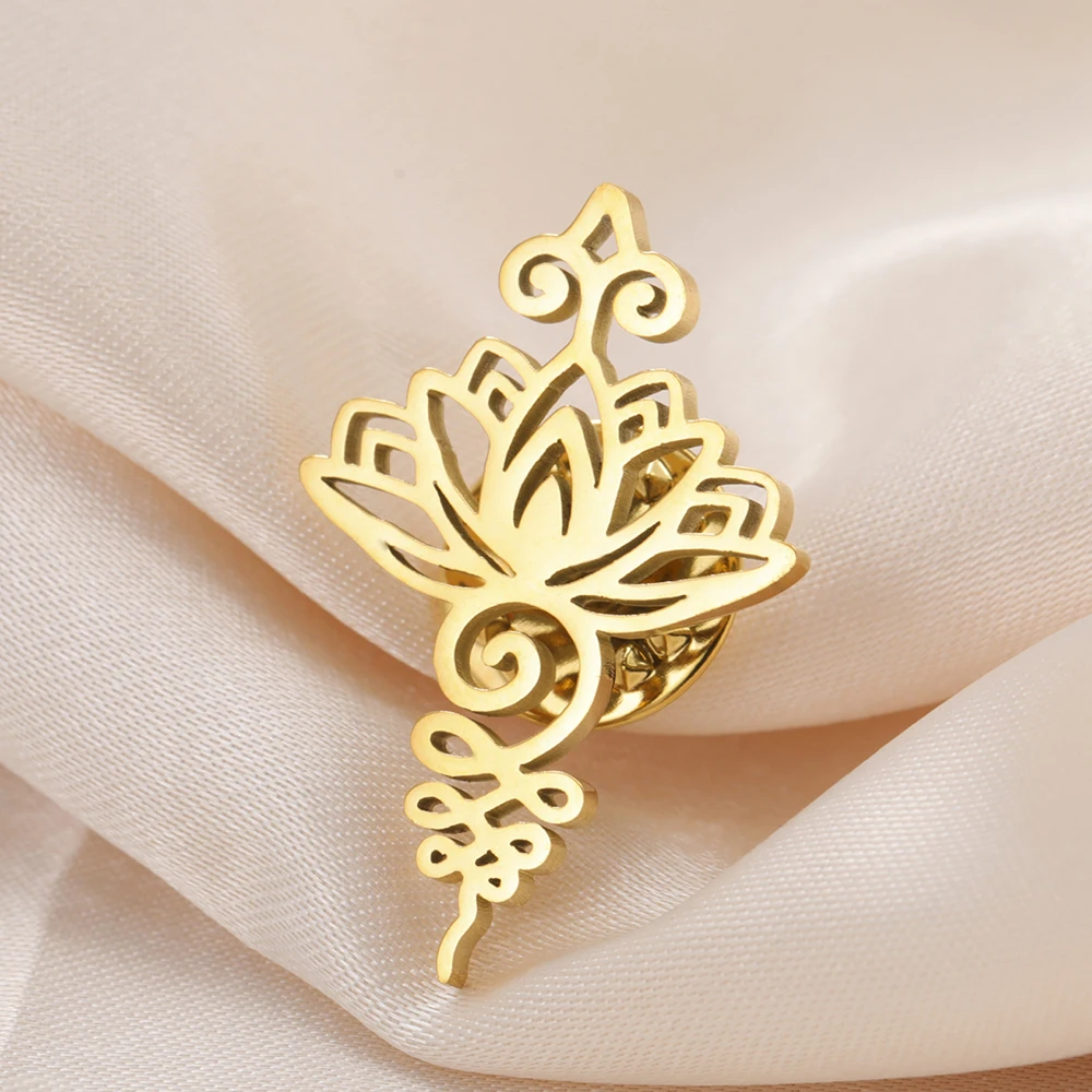 Dawapara Unalome Symbol Lotus Brooch Pins Buddhism Yoga Flower Spiritual Sacred Meditation Jewelry Stainless Steel