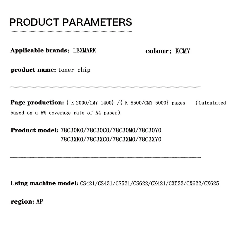 78C3XK0 78C3XC0 78C3XM0 78C3XY0 8,5 K/5K AP K/C/M/Y chip de cartucho de tóner para Lexmark CS421/CS431/CS521/CS622/CX421/CX522/CX622/CX