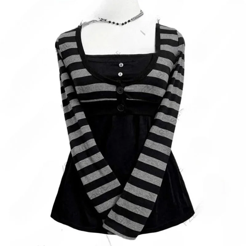 Y2K Striped False Two-piece Long Sleeve Tops Women Black Grey Square Neck Button Down Tees Vintage Aesthetic Casual Slim TShirts