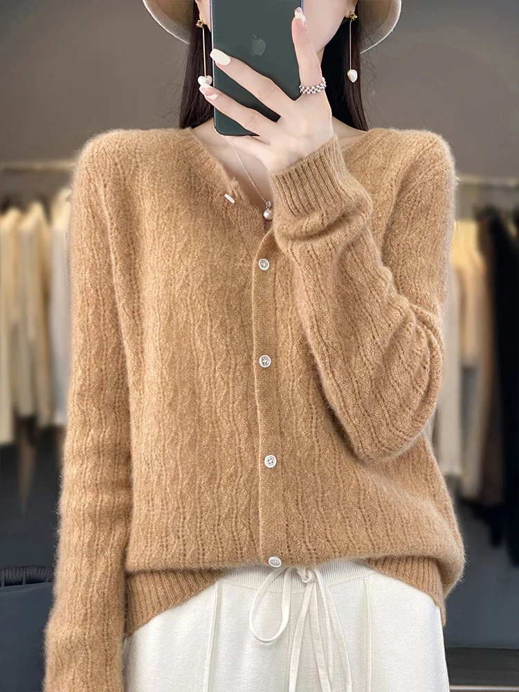 100% Merino Wool Spring Summer Women Sweater O-neck  Long Sleeve Cardigan Hollow Out Soft Knitwear Korean Fashion Women Clothing